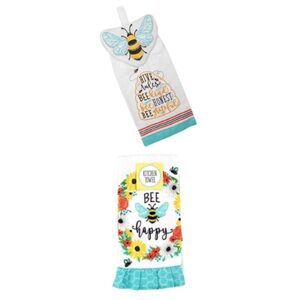 Bee-Themed Kitchen Towels, Set of 2 in White, Yellow & Aqua